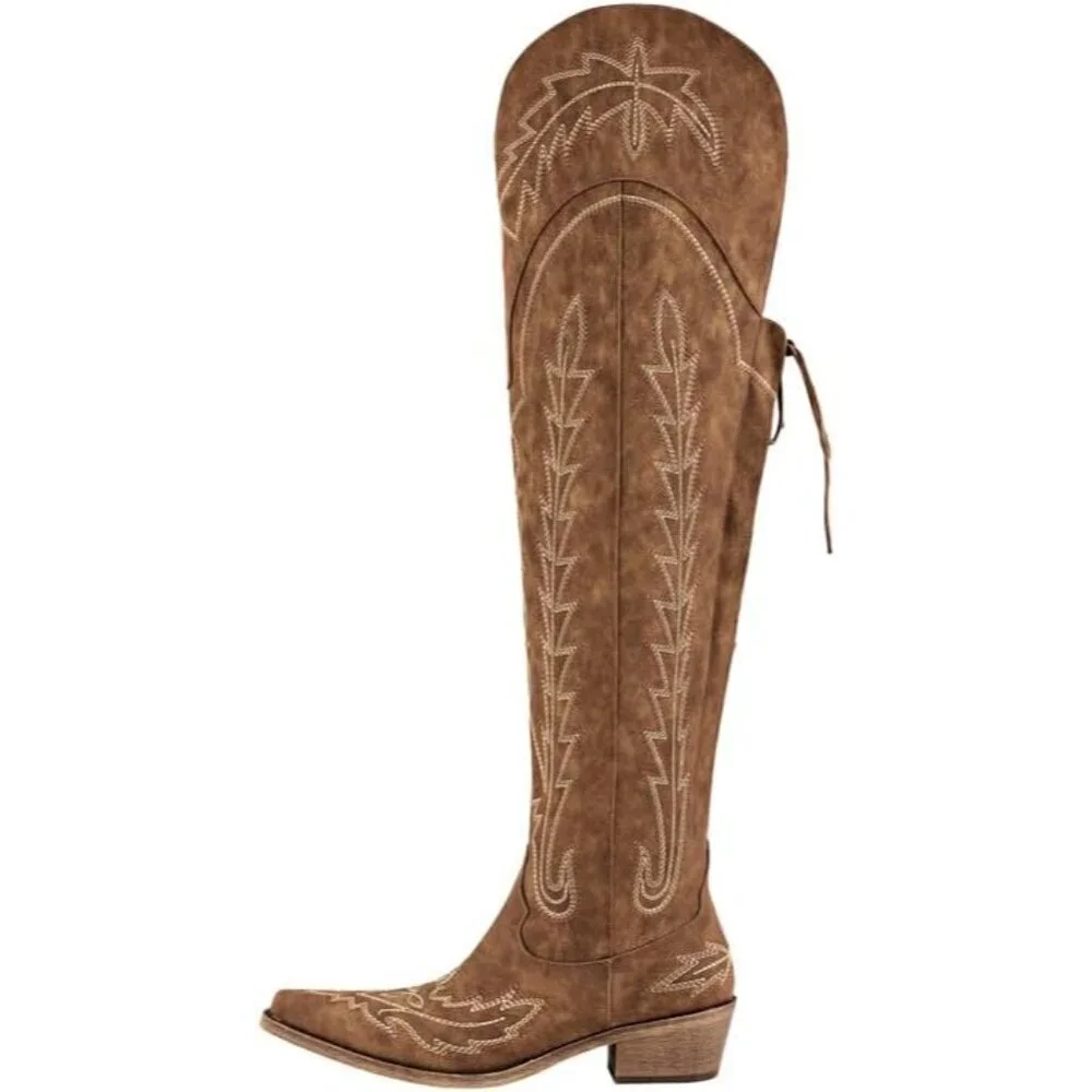 Women Brown Synthetic Cowgirl Thigh High Wide Calf Embroidered Western Boots